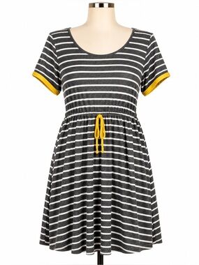 Plus Size Black & White Striped Short Sleeve Tee Dress with Mustard Accents